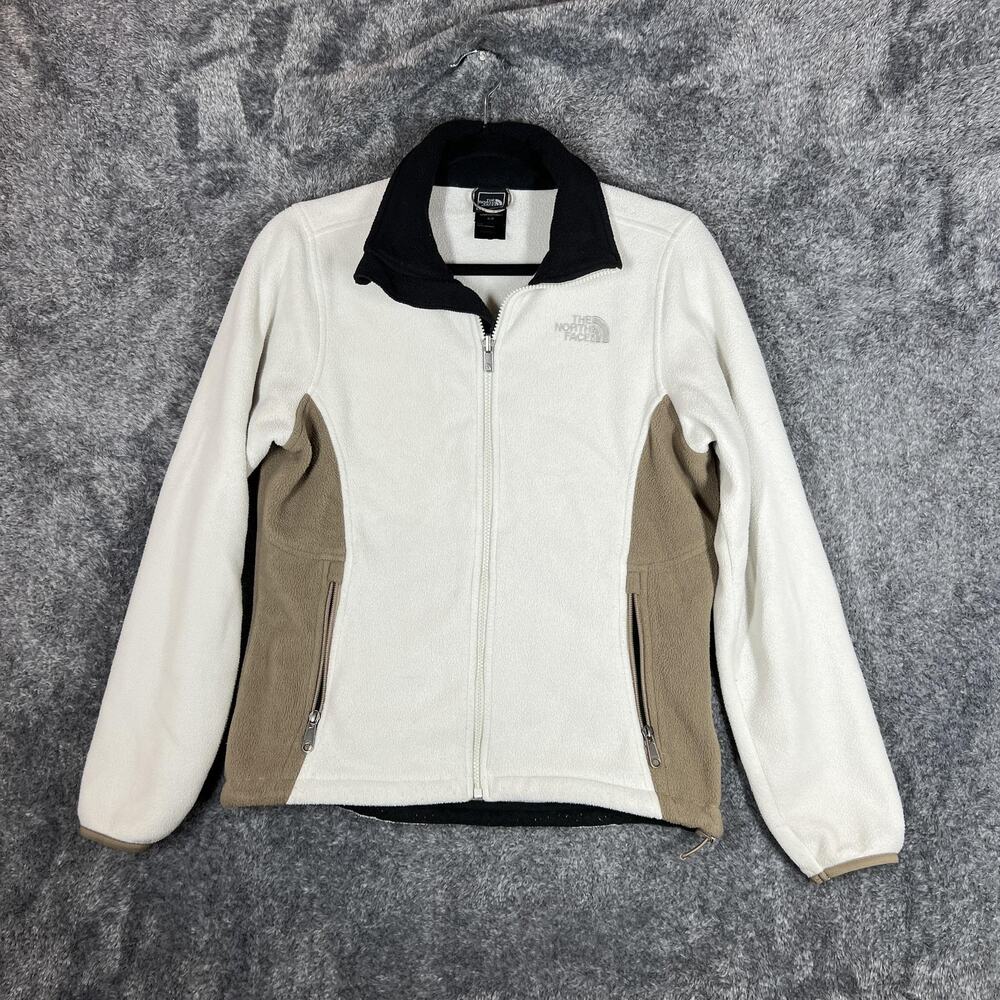 The North Face Women's White and Tan Fleece Jacket with Black Collar